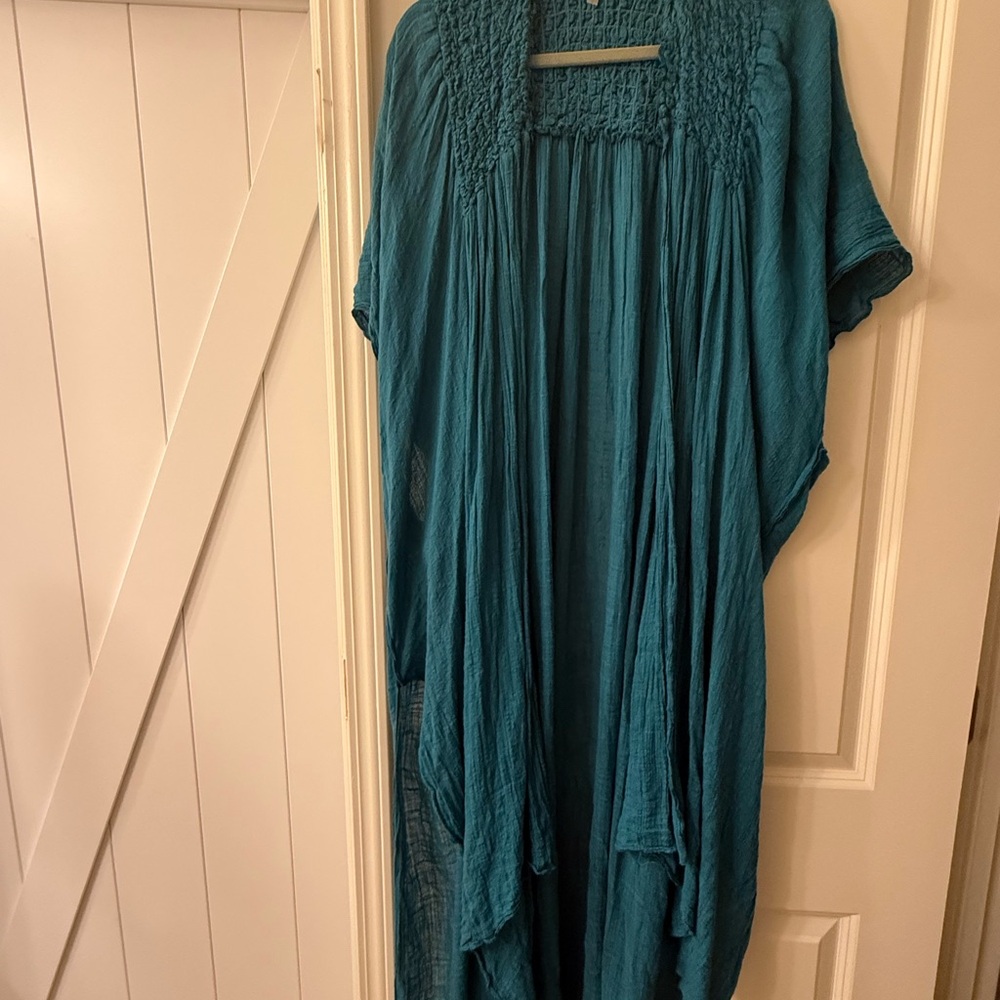 Free People Smocked Teal Open-front Kimono